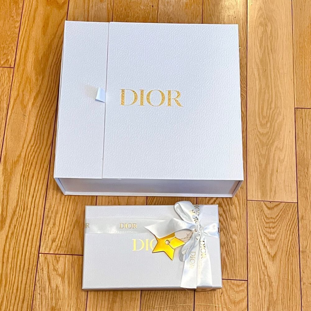 Two Authentic Dior White Boxes with Gold Star, Ribbon and Tissue Paper